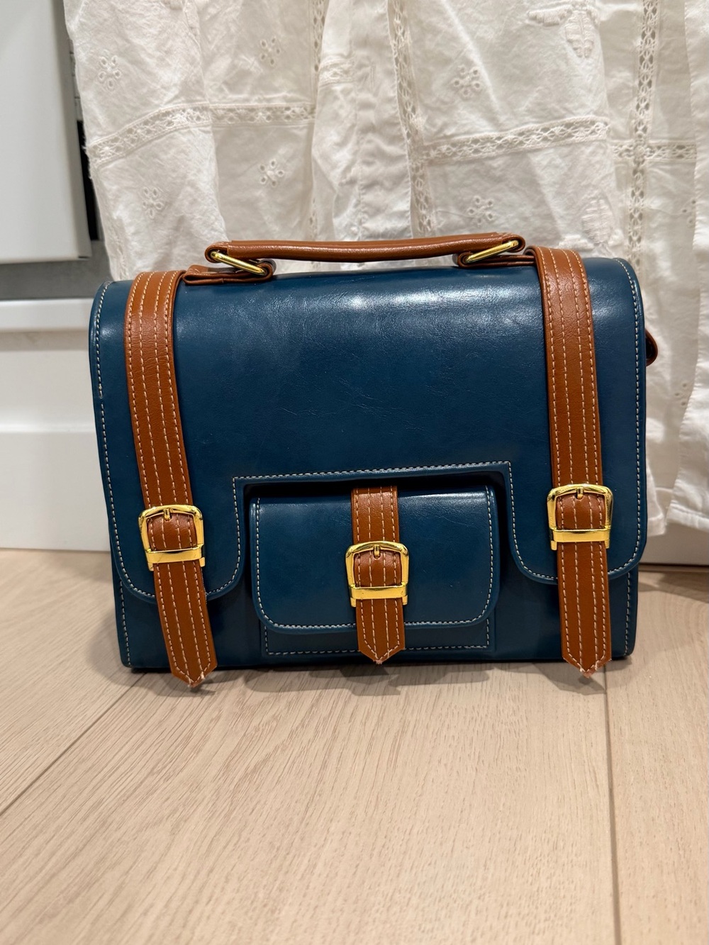 Leather Satchel Bag in Deep Teal with Brown Straps